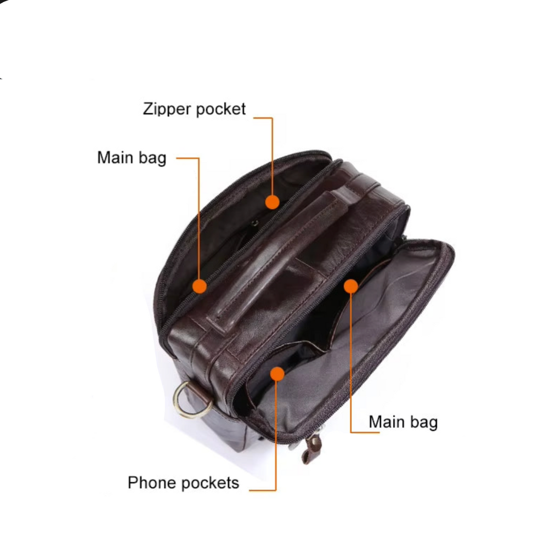 Borsa a tracolla in pelle marrone con tasca principale, tasca con cerniera e tasche per telefono. Design elegante e funzionale per uomo e donna.