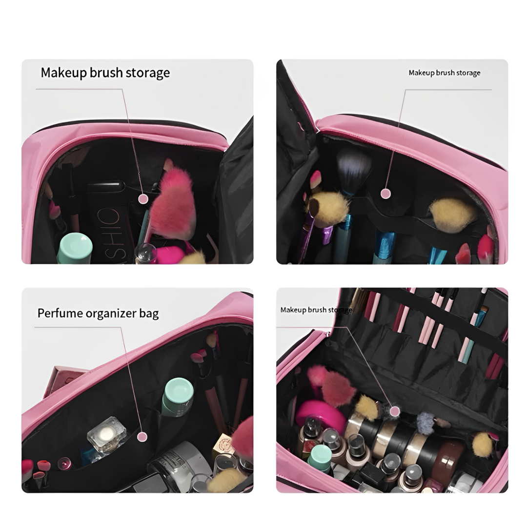 Borsa organizer rosa per trucchi e profumi, con scomparti per pennelli e flaconi. Ideale per viaggi e organizzazione cosmetici.