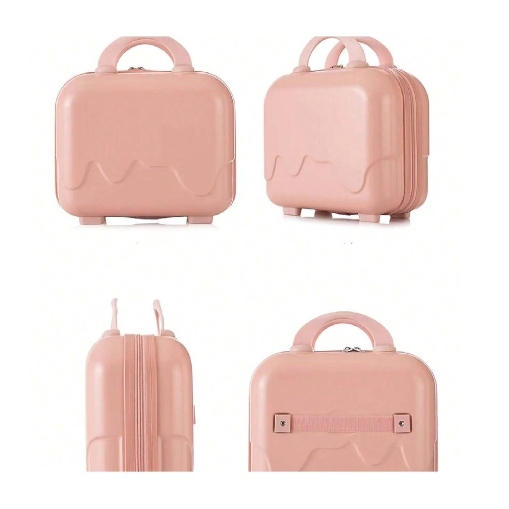 Valigia rigida rosa, design compatto, manico ergonomico, chiusura a zip, ideale per viaggi brevi. Accessorio da viaggio elegante e funzionale.