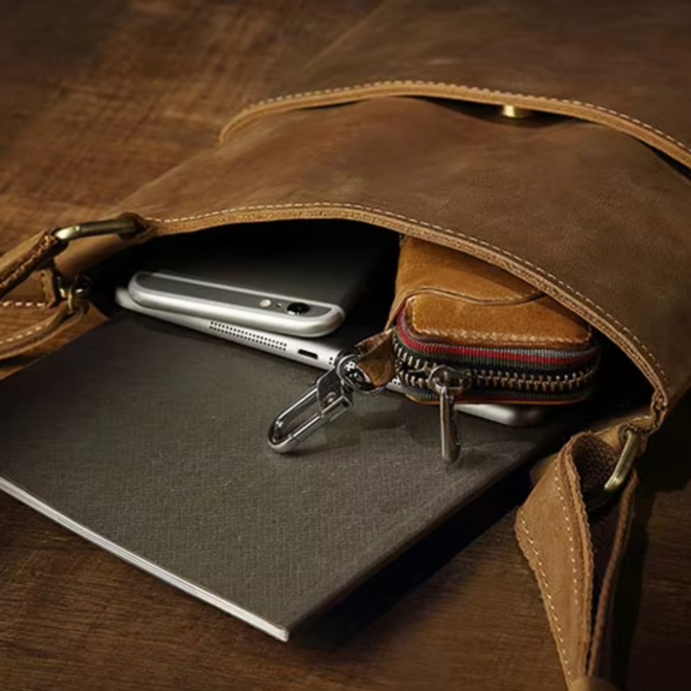 Borsa in pelle marrone aperta su tavolo di legno, contenente smartphone, portafoglio in pelle e quaderno. Accessori eleganti e funzionali.