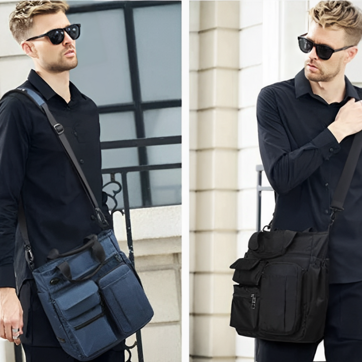 Due uomini con occhiali da sole indossano borse a tracolla eleganti, una blu e una nera, ideali per lavoro e viaggio, moda urbana maschile.