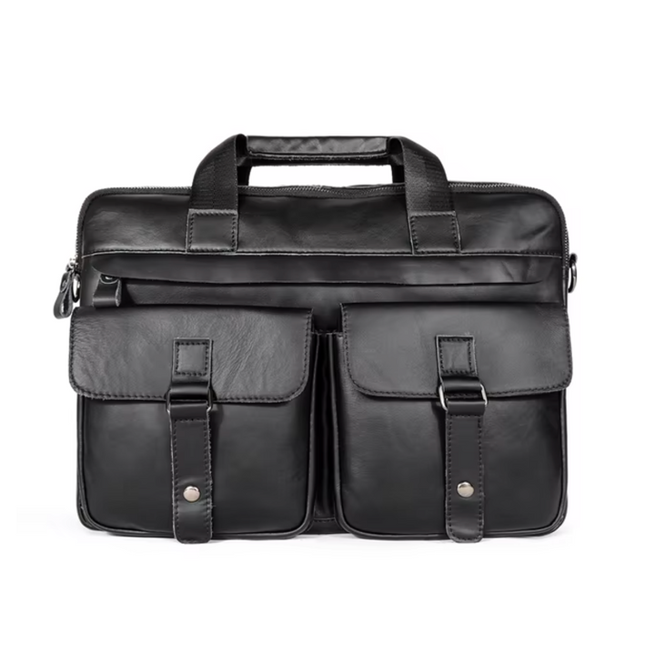 Borsa ventiquattrore in pelle nera con doppie tasche frontali e manici, ideale per lavoro e ufficio. Design elegante e funzionale.
