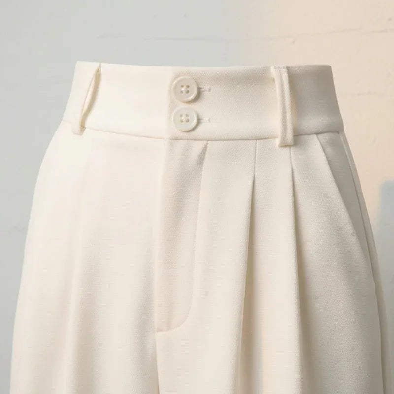 Pantaloni Donna Vita Alta Tessuto Leggero Gamba Larga Taglio Dritto