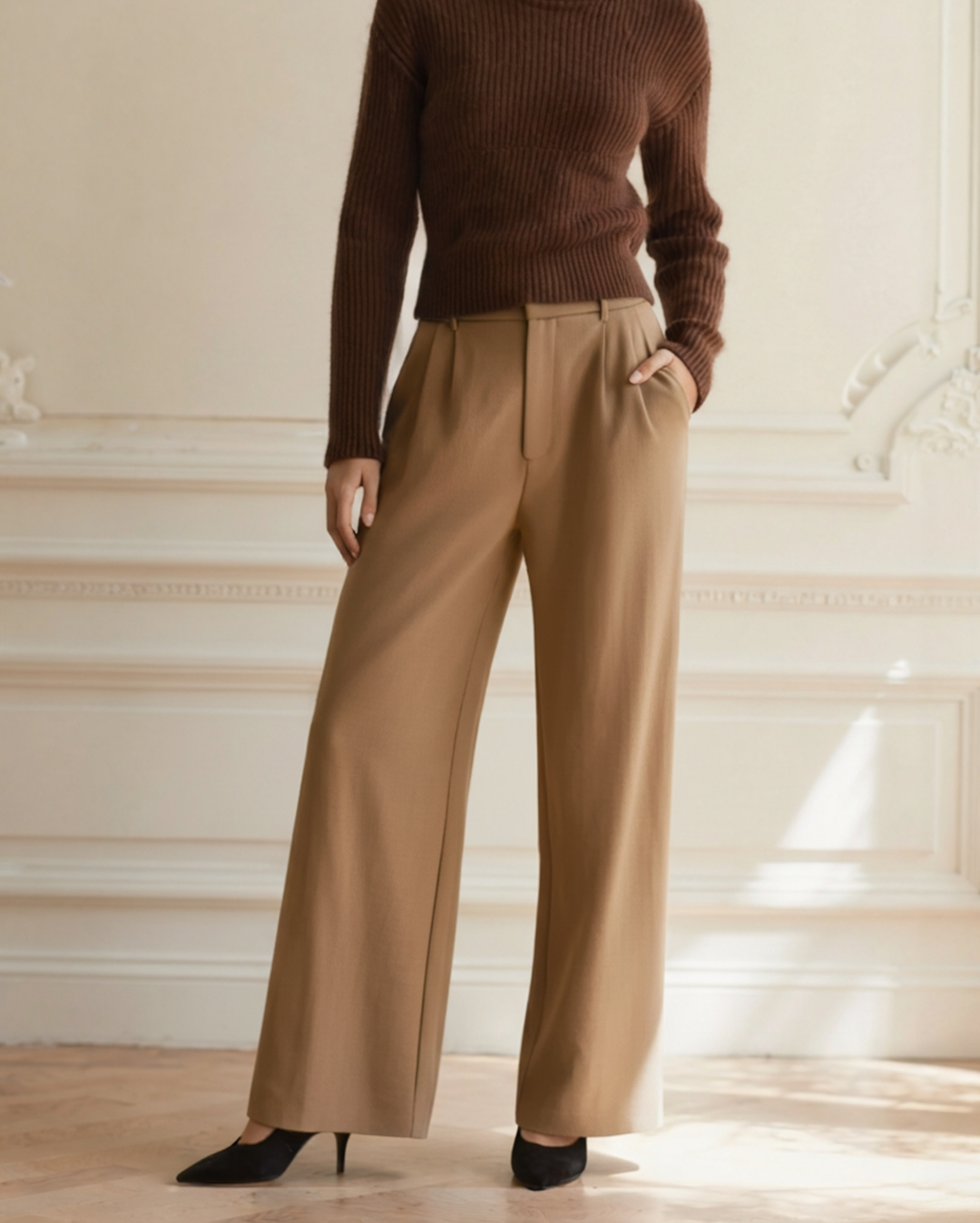 Pantaloni Donna Gamba Larga Tessuto Morbido Vestibilità Elegante