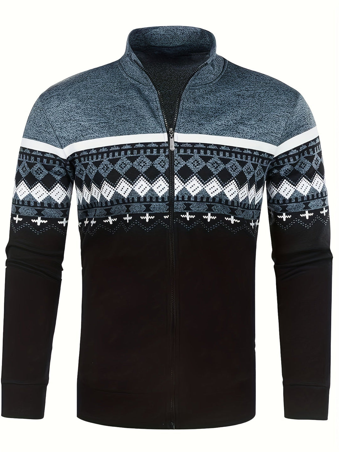 Giacca uomo invernale con zip, motivo geometrico bianco e nero, maniche lunghe, collo alto, ideale per moda casual e abbigliamento caldo.