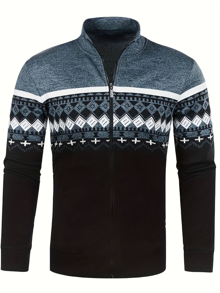 Giacca uomo invernale con zip, motivo geometrico bianco e nero, maniche lunghe, collo alto, ideale per moda casual e abbigliamento caldo.