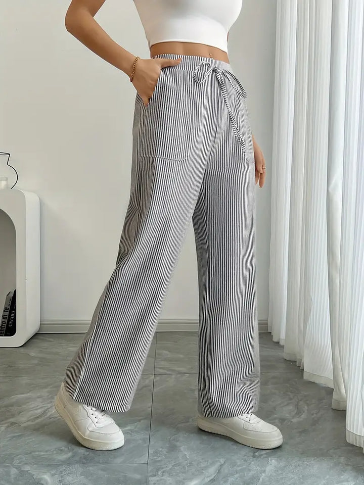Pantaloni Donna Lino Leggeri Traspiranti Gamba Larga Tasche