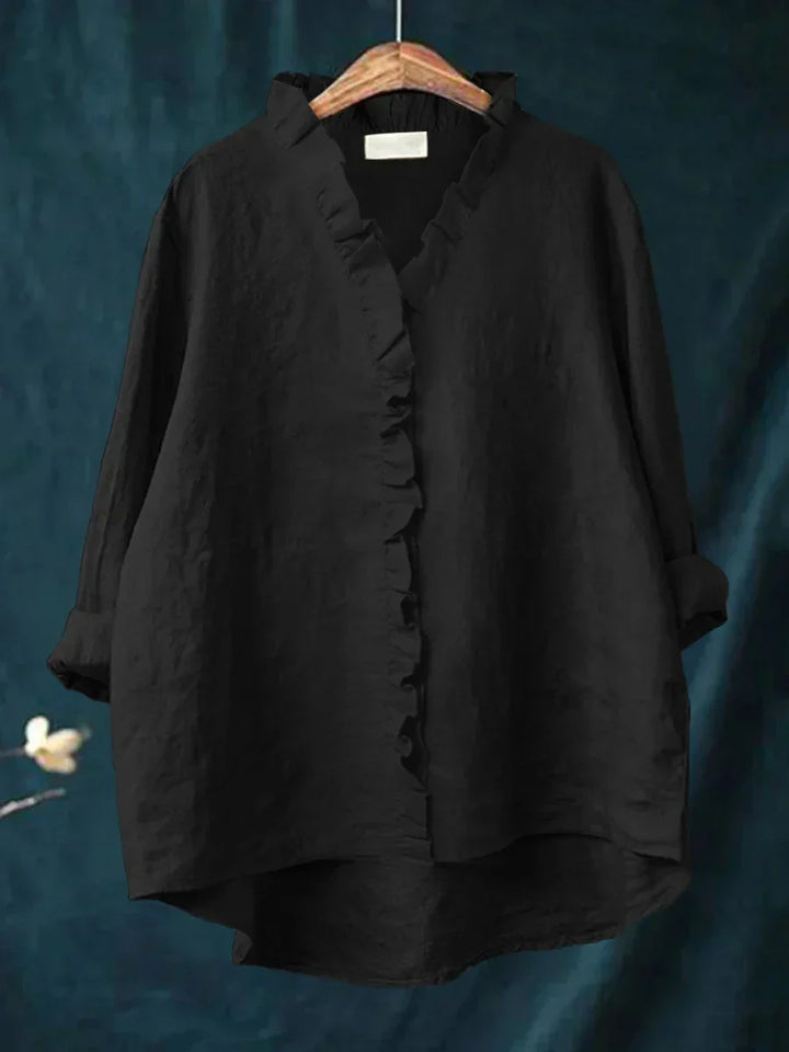 Camicia Donna in Lino Cotone con Volant e Bottoni Manica Corta