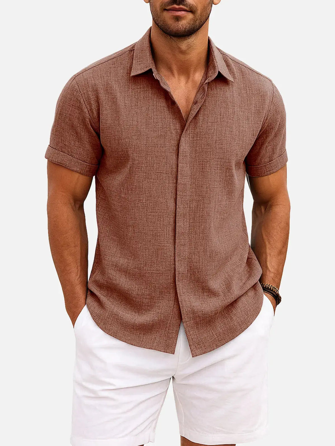 Camicia Uomo Misto Cotone Lino Maniche Corte