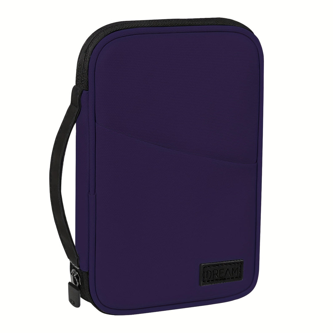 Custodia rigida viola per tablet, con cerniera e maniglia laterale, ideale per protezione e trasporto sicuro. Design elegante e resistente.