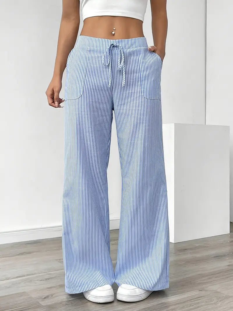 Pantaloni Donna Lino Leggeri Traspiranti Gamba Larga Tasche