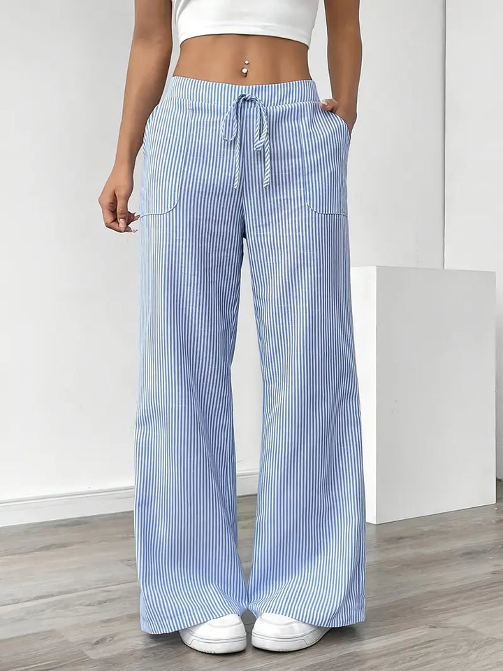 Pantaloni Donna Lino Leggeri Traspiranti Gamba Larga Tasche