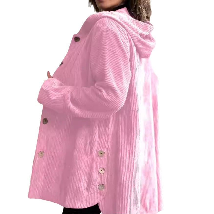 Giacca Donna in Velluto a Coste con Cappuccio Maglione Casual Media