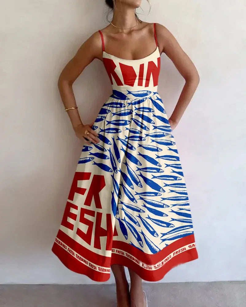 Abito Midi Donna Stampa Astratta Pesci Estivo Elegante