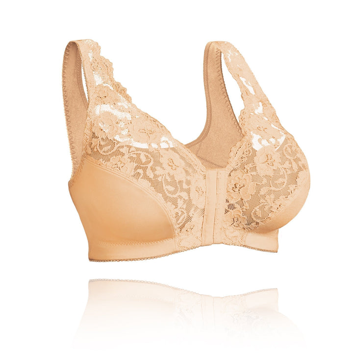 Reggiseno beige in pizzo senza ferretto, design confortevole, supporto ottimale, ideale per taglie forti, lingerie donna elegante.