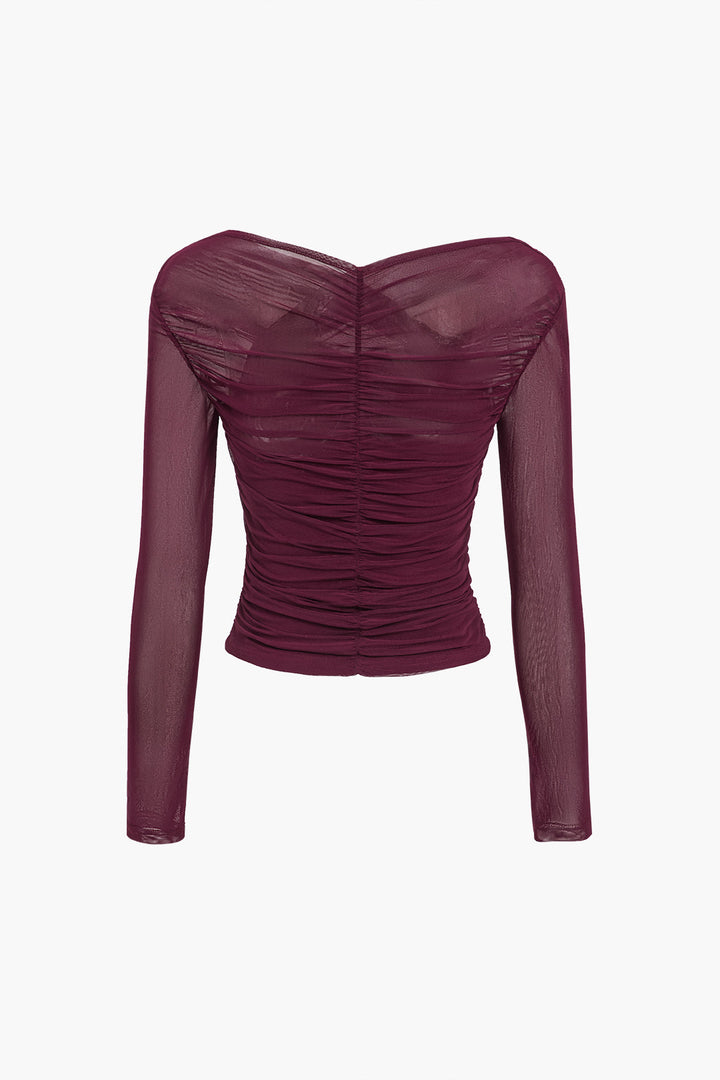 Camicetta Donna in Rete Drappeggiata Maniche Lunghe Stile Casual