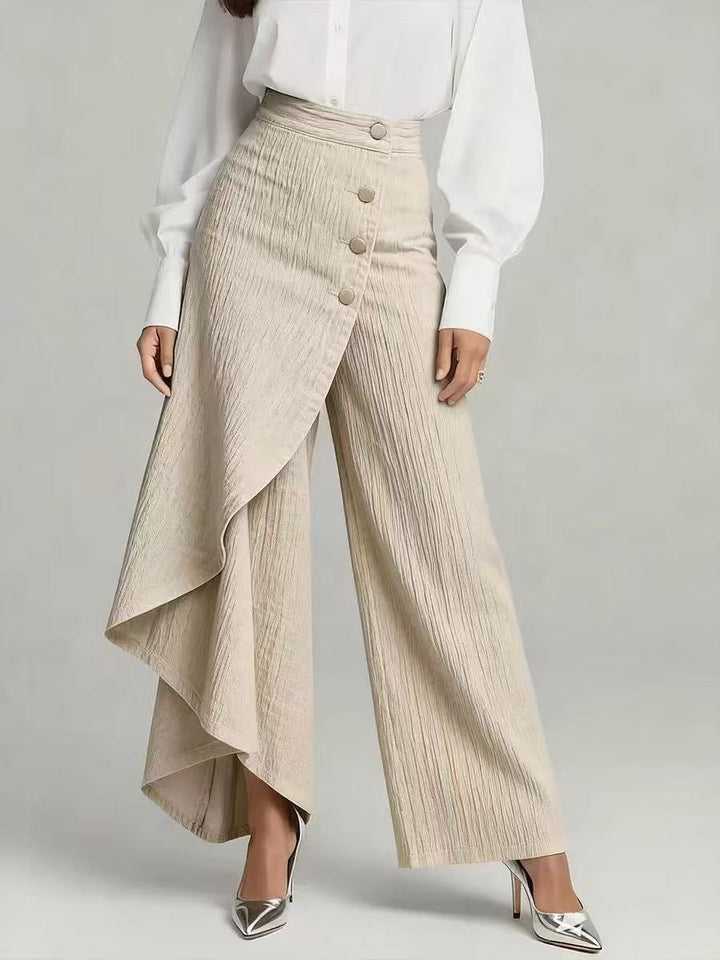Pantaloni Donna Finto Denim Gamba Dritta Bottoni Arricciati