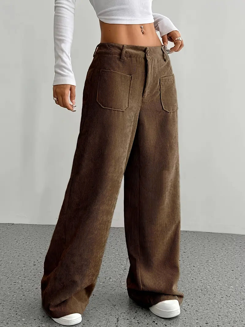 Pantaloni Donna a Coste Vita Alta Gamba Larga