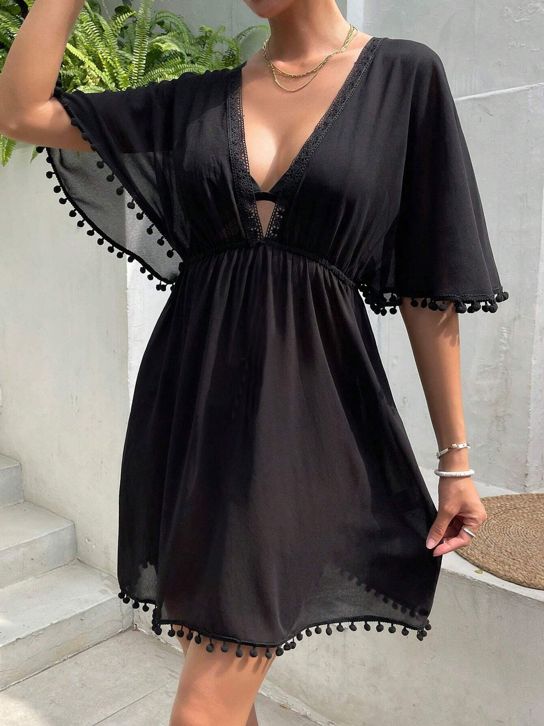 Abito da Spiaggia Donna in Pizzo Patchwork Scollo a V Cintura in Vita