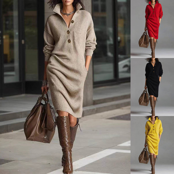 Abito Donna in Maglia Manica Lunga Scollo a V con Bottoni - Vesarelli