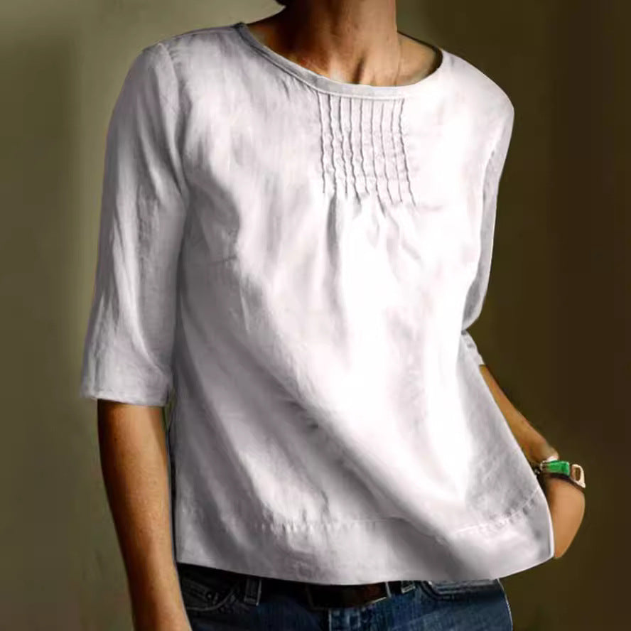 Camicetta Donna in Lino e Cotone Manica Corta Fit Sciolto Pieghettata - Vesarelli