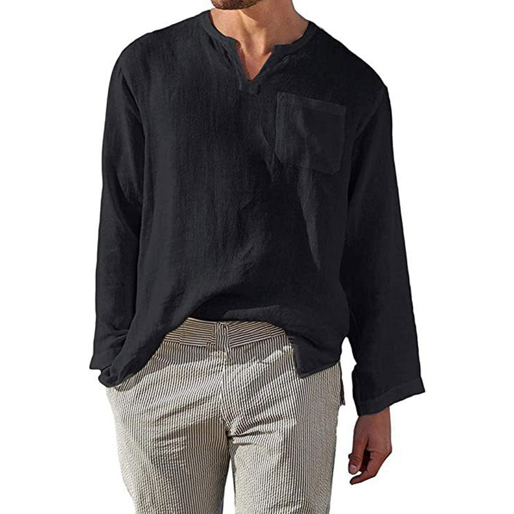 Camicia Uomo Cotone Lino Manica Lunga Colletto Banda Fit Rilassato - Vesarelli