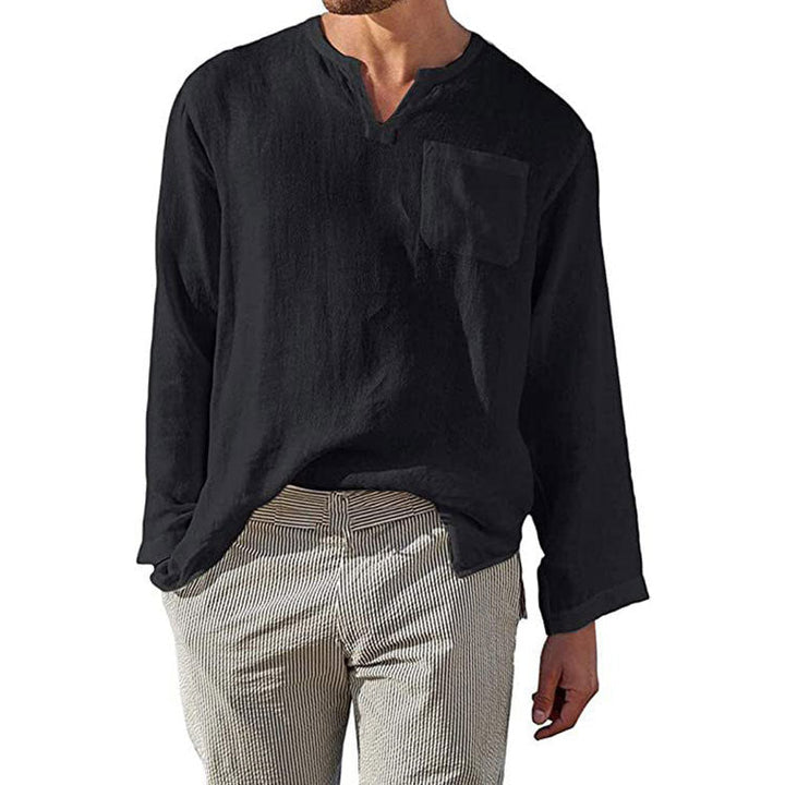 Camicia Uomo Cotone Lino Manica Lunga Colletto Banda Fit Rilassato - Vesarelli
