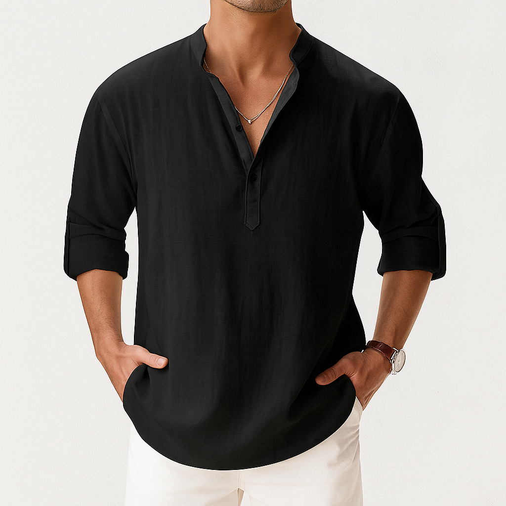 Camicia Uomo in Lino Collo Coreana Manica Lunga Disinvolta - Vesarelli