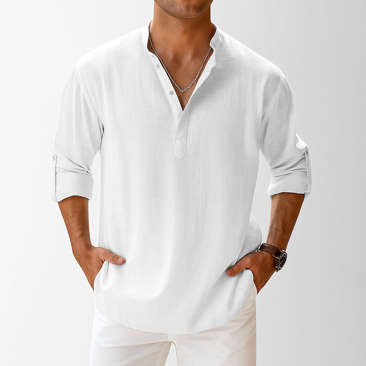 Camicia Uomo in Lino Collo Coreana Manica Lunga Disinvolta - Vesarelli