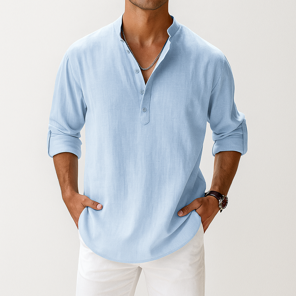 Camicia Uomo in Lino Collo Coreana Manica Lunga Disinvolta - Vesarelli