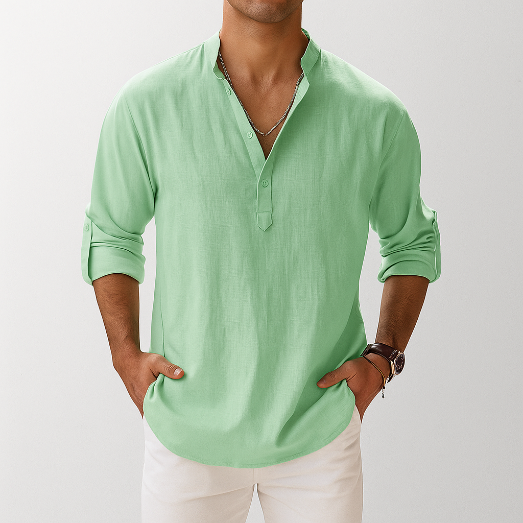 Camicia Uomo in Lino Collo Coreana Manica Lunga Disinvolta - Vesarelli