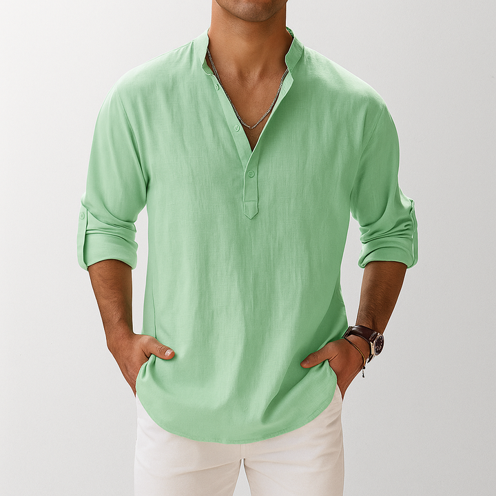 Camicia Uomo in Lino Collo Coreana Manica Lunga Disinvolta - Vesarelli