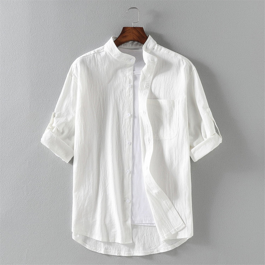 Camicia Uomo in Lino Mistura Manica Lunga Colletto Mandarino Fit - Vesarelli