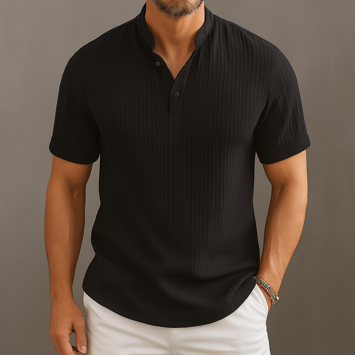 Camicia Uomo Lino Righe Manica Corta Collo Coreana - Vesarelli