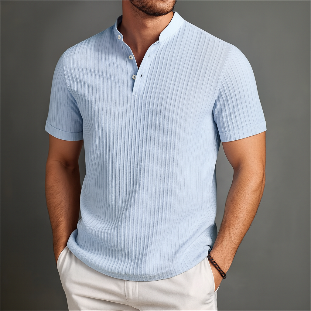 Camicia Uomo Lino Righe Manica Corta Collo Coreana - Vesarelli