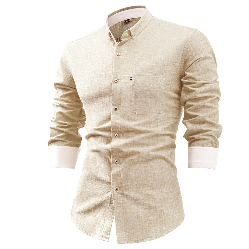 Camicia Uomo Misto Lino Cotone Manica Lunga Slim Fit Tasca Petto - Vesarelli