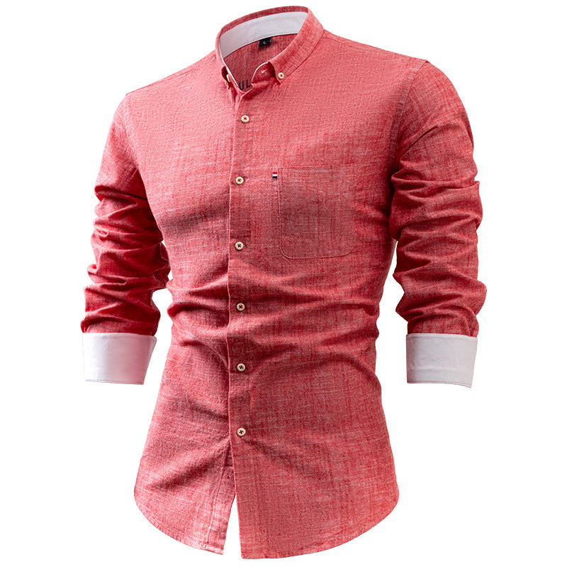 Camicia uomo rossa a maniche lunghe, tessuto leggero, colletto button-down, polsini bianchi, ideale per look casual ed eleganti.