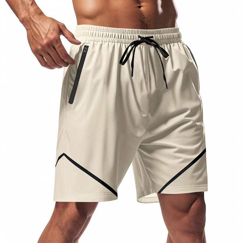 Shorts sportivi da uomo beige con tasche con zip nere, elastico in vita e dettagli geometrici. Ideali per palestra, fitness e allenamento.