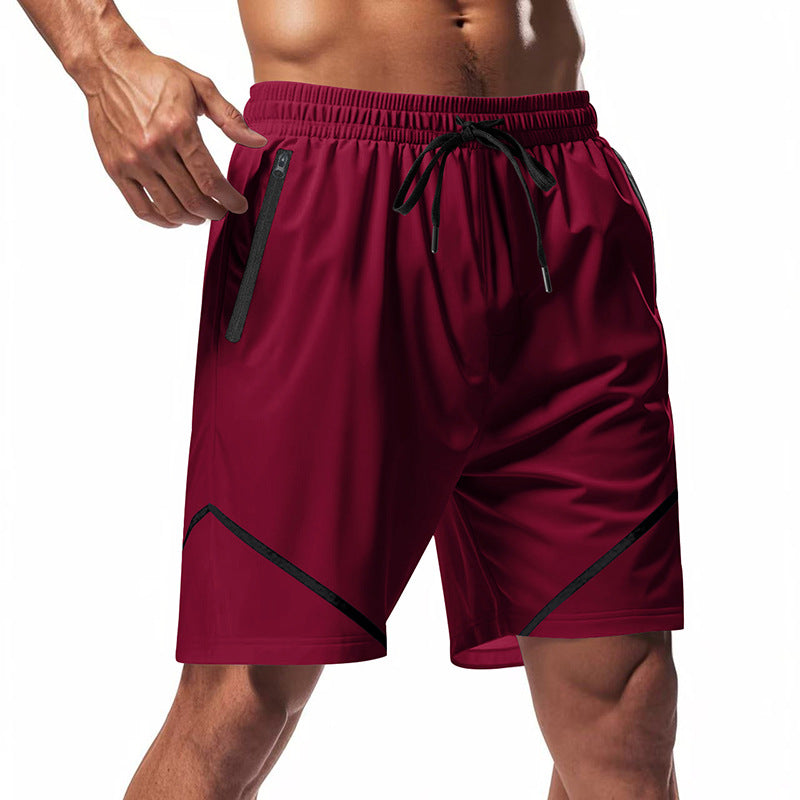 Shorts sportivi uomo rossi, tasca con zip, design moderno, tessuto traspirante, ideale per allenamento, palestra, corsa, fitness.