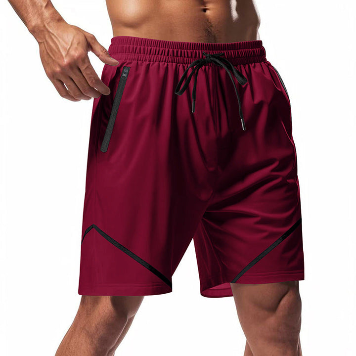 Shorts sportivi uomo rossi, tasca con zip, design moderno, tessuto traspirante, ideale per allenamento, palestra, corsa, fitness.