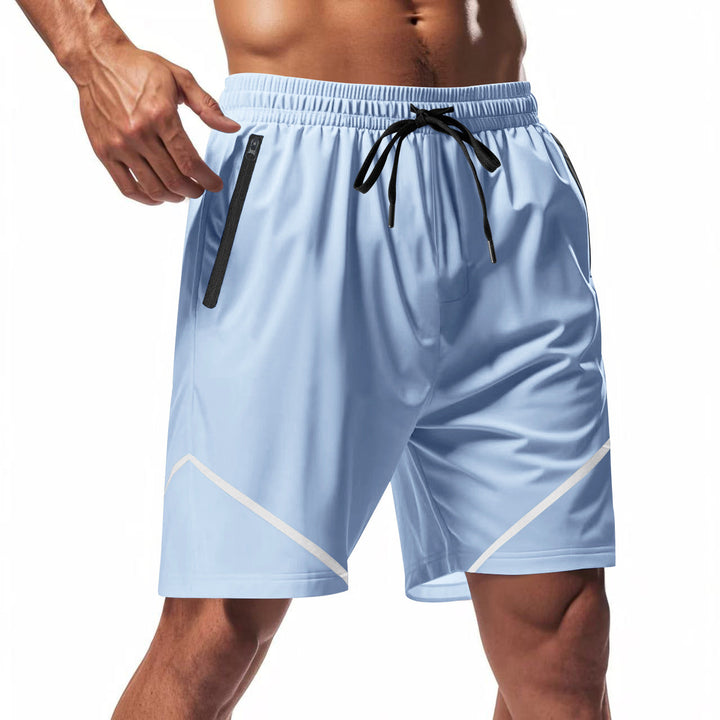 Pantaloncini sportivi uomo azzurri con tasche con zip nere, elastico in vita e cordoncino. Ideali per palestra, fitness e corsa.