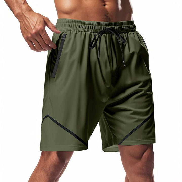 Pantaloncini sportivi uomo verde oliva, tasche con zip, elastico in vita, design traspirante, ideali per allenamento e fitness.