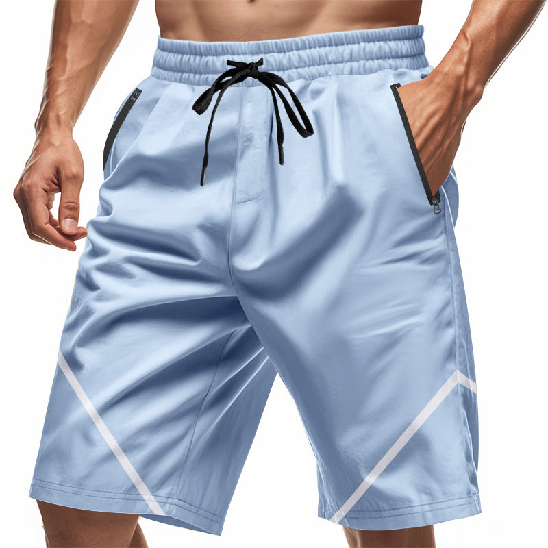 Pantaloncini sportivi uomo azzurri con tasche e coulisse nera, design moderno, ideali per palestra e attività all&
