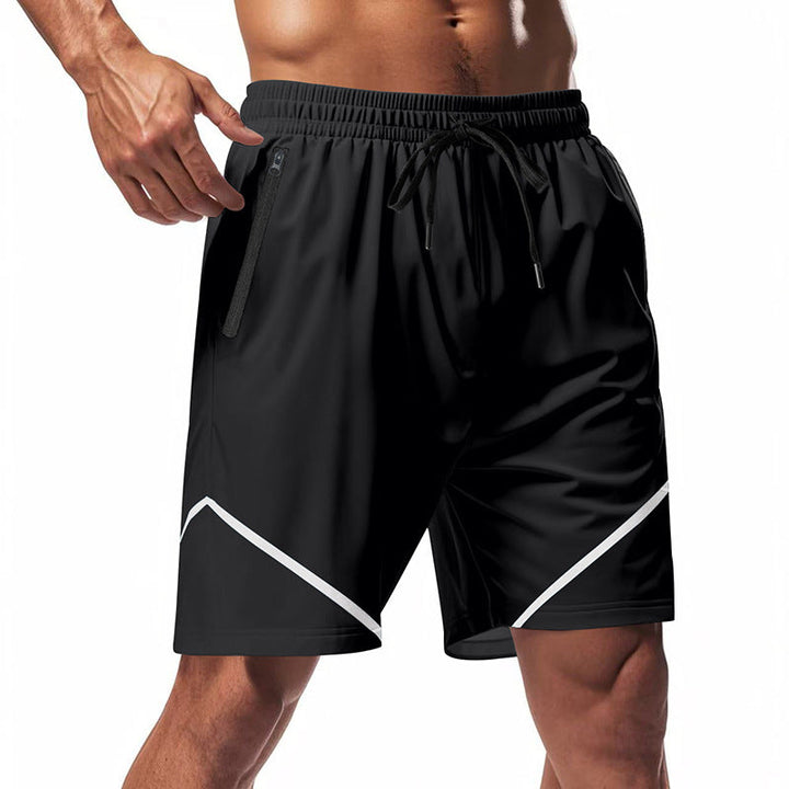 Pantaloncini sportivi uomo neri, tasca con zip, design moderno, elastico in vita, ideali per corsa e allenamento. Abbigliamento fitness maschile.