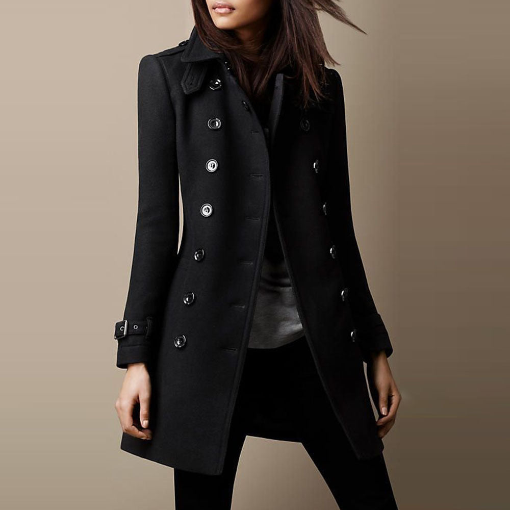 Cappotto nero elegante da donna, doppio petto, con bottoni metallici, stile classico, ideale per l&