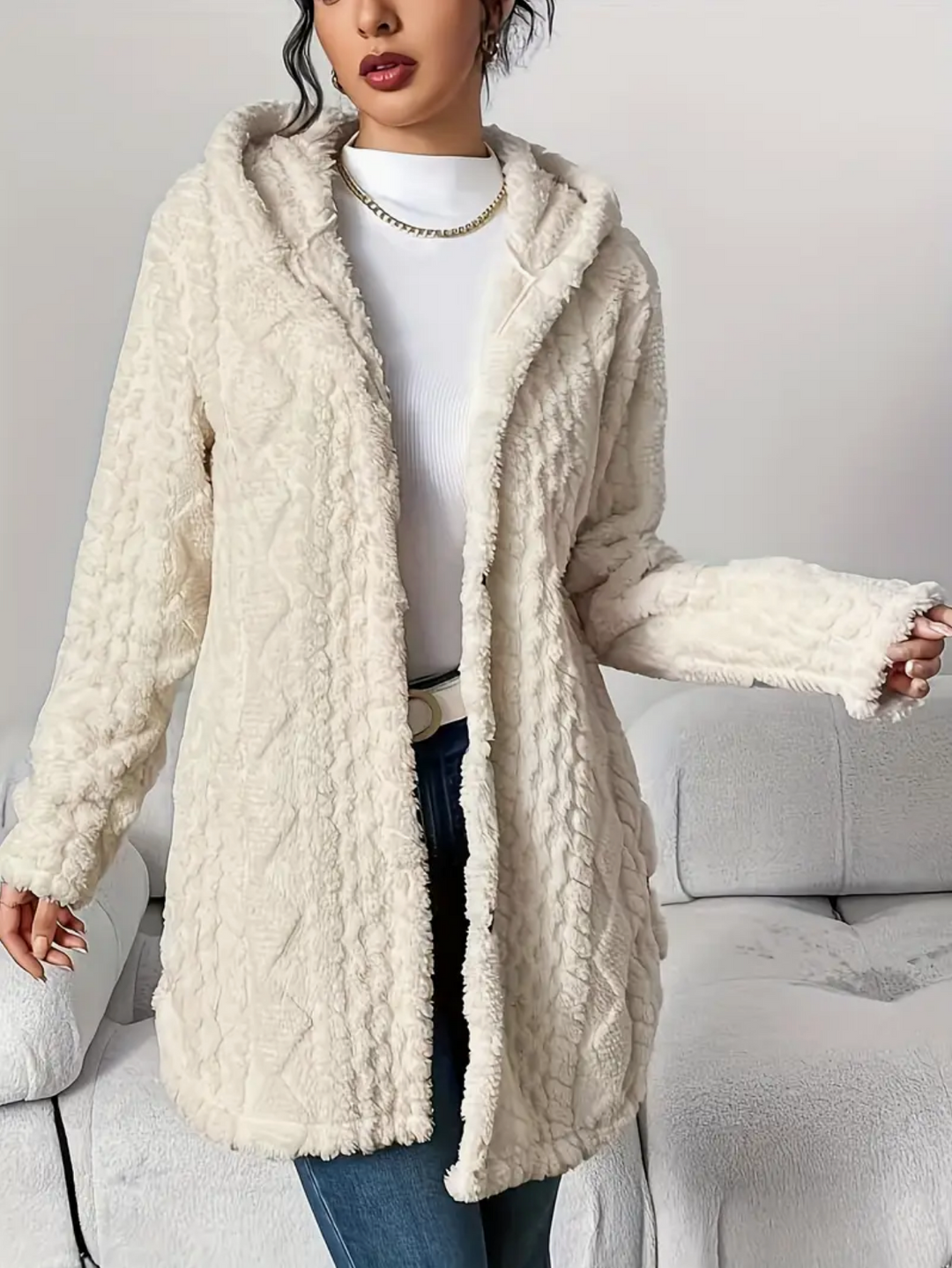 Cardigan Donna Maglia a Trecce Cappuccio Maniche Lunghe Morbido - Vesarelli