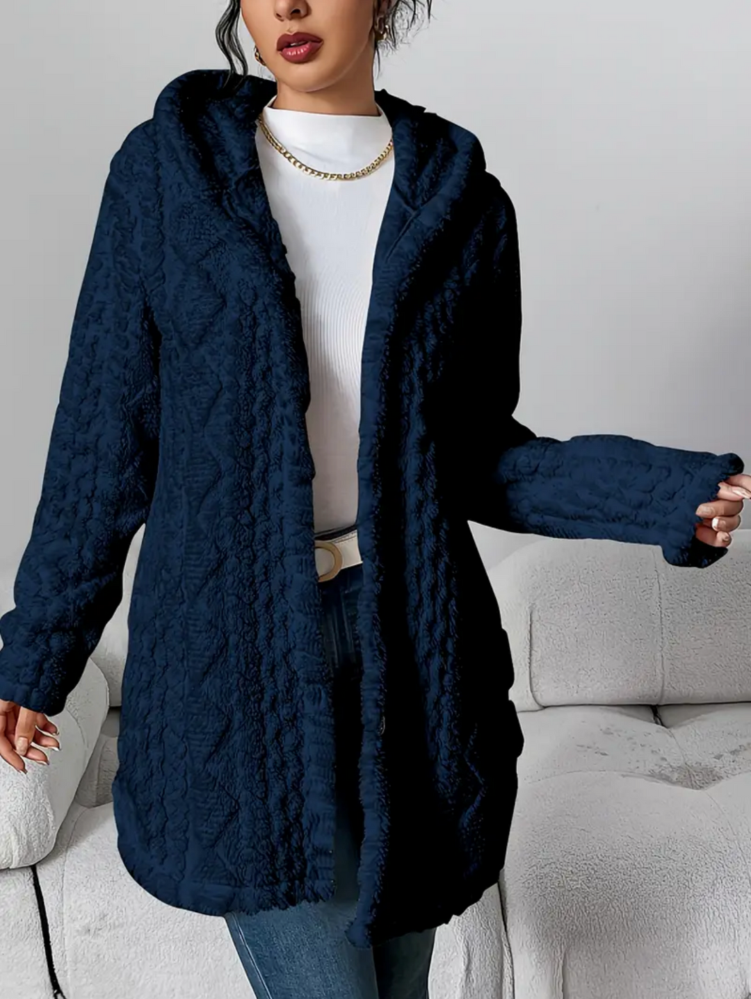 Cardigan Donna Maglia a Trecce Cappuccio Maniche Lunghe Morbido - Vesarelli