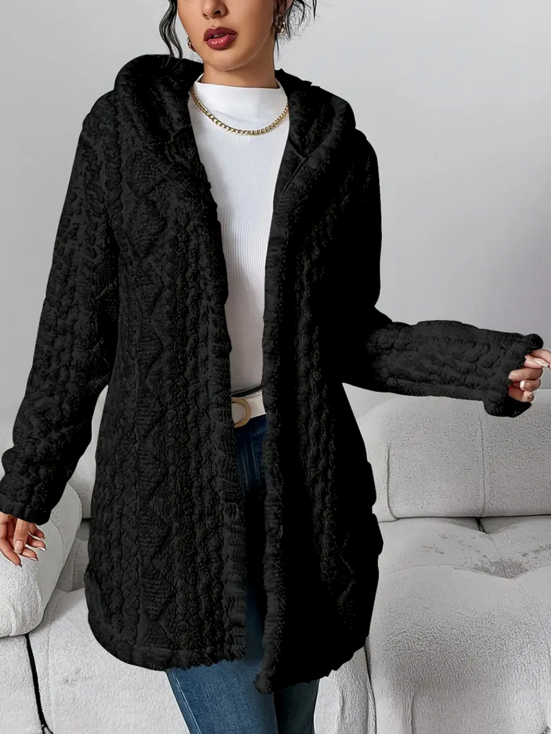 Cardigan Donna Maglia a Trecce Cappuccio Maniche Lunghe Morbido - Vesarelli