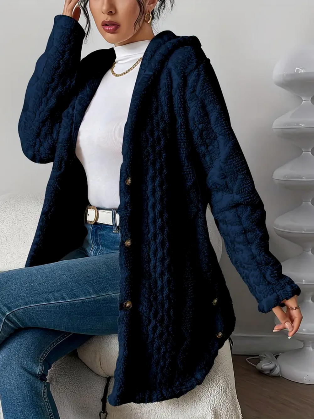 Cardigan Donna Maglia a Trecce Cappuccio Maniche Lunghe Morbido - Vesarelli