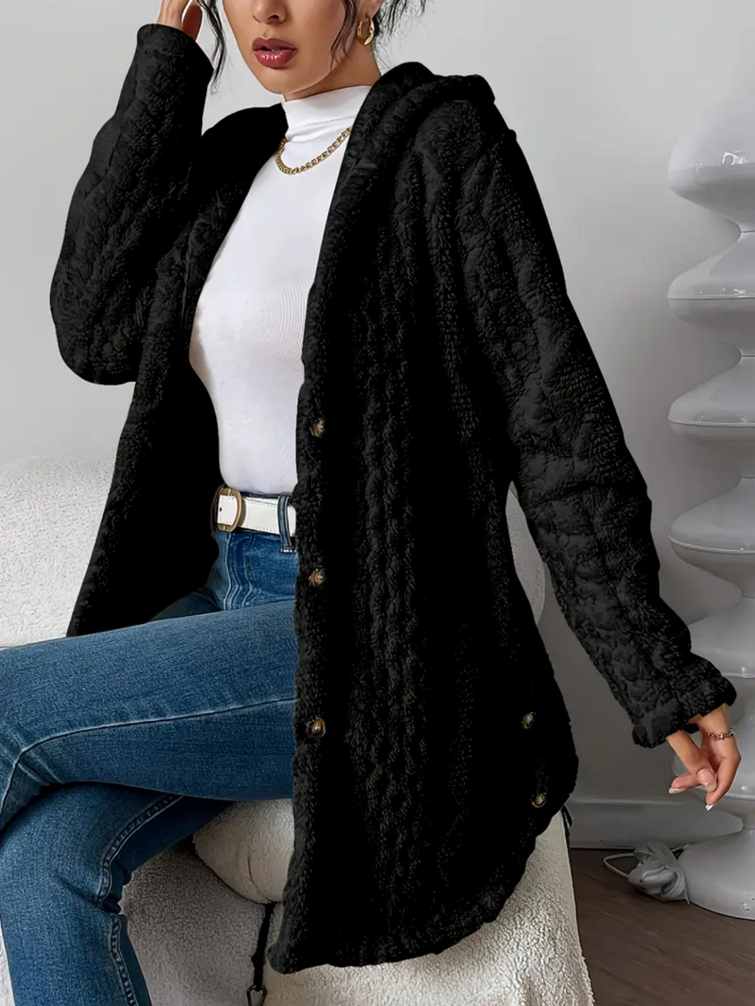 Cardigan Donna Maglia a Trecce Cappuccio Maniche Lunghe Morbido - Vesarelli